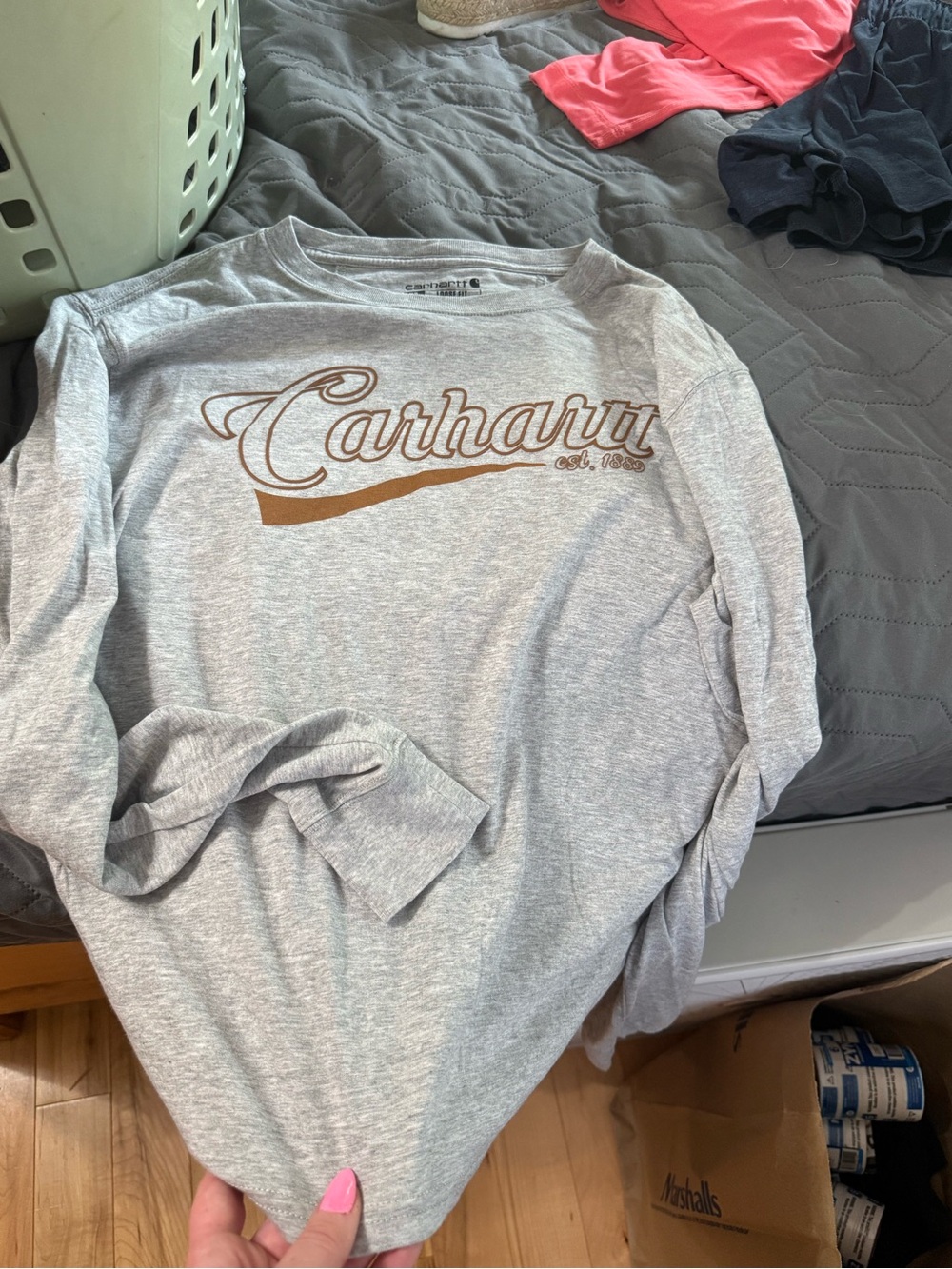 Carhartt Light Gray Long-Sleeve Logo Tee with Brown Script